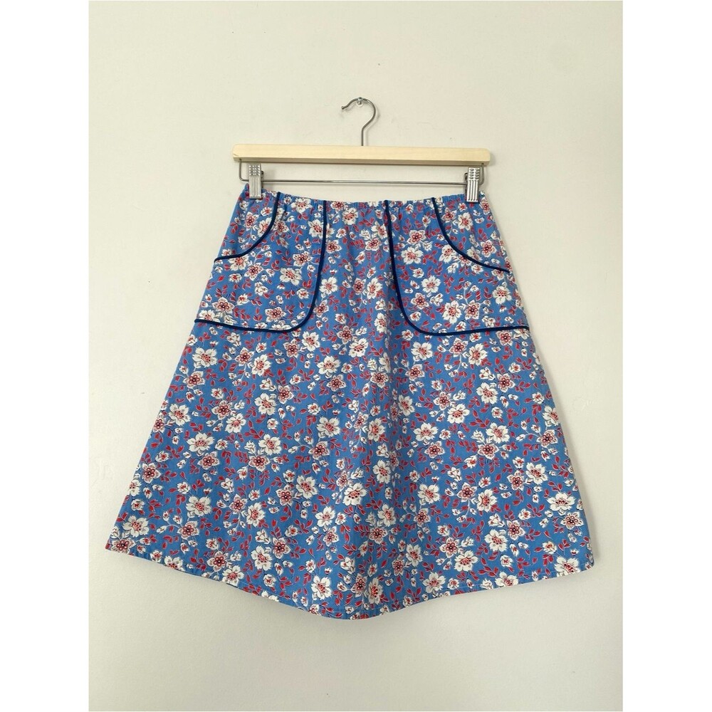 Handmade Blue Floral A-Line Pull-On Skirt Piping Detail Pockets XS Cottage Boho